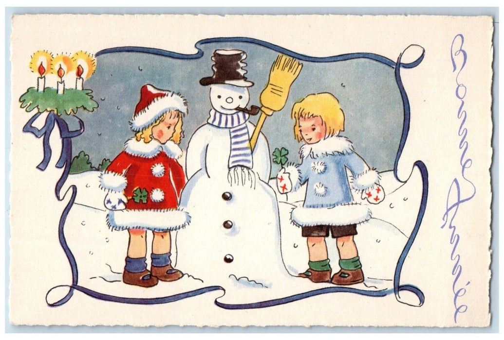 c1910's Christmas Childrens Clover Snowman Pipe France Bonnee Annee Postcard