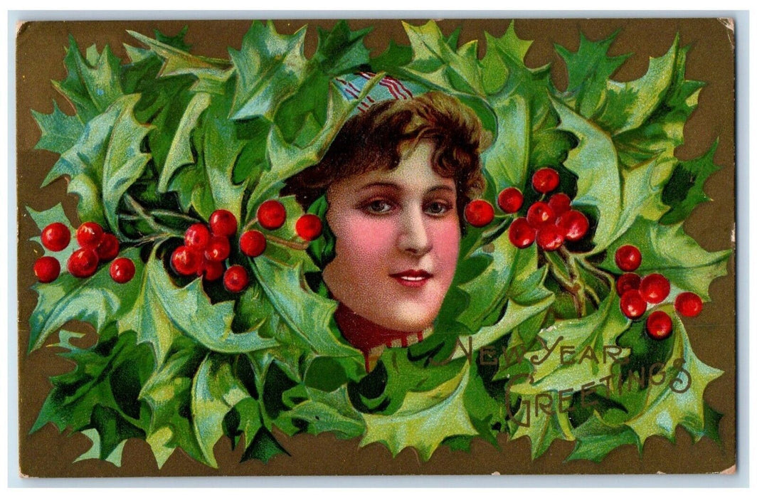 1910 New Year Greetings Pretty Woman Holly Berries Embossed Keene NH Postcard