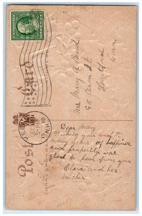 1910 New Year Greetings Pretty Woman Holly Berries Embossed Keene NH Postcard