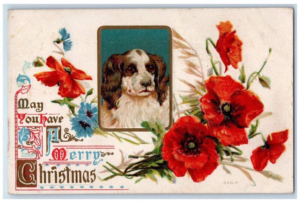 1911 Christmas Dog Flowers Embossed Cincinnati Ohio OH Posted Antique Postcard