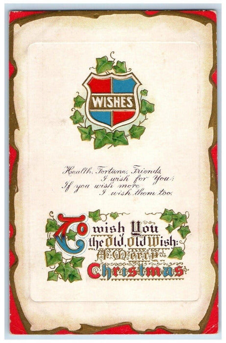 c1910's Christmas Wishes Message Holly Leaf Embossed Posted Antique Postcard