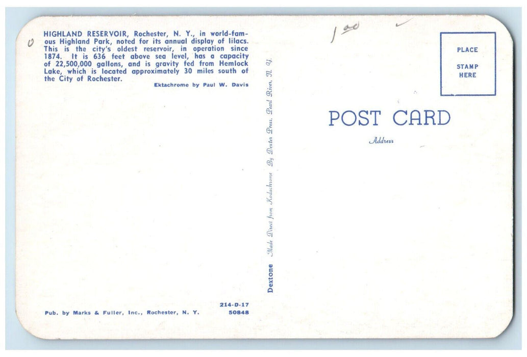 c1960 Highland Reservoir Dock Fountain Garden Lake Rochester New York Postcard