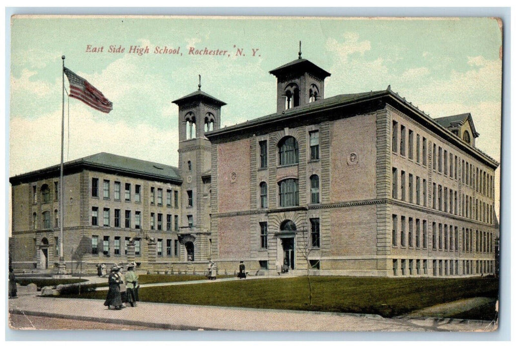 c1910 East Side High School Exterior Building Flag Rochester New York Postcard