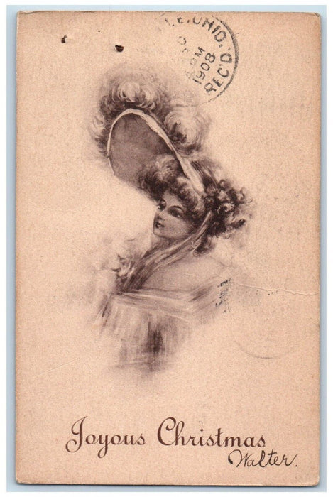 1908 Joyous Christmas Pretty Girl Sketch Steubenville Ohio OH Antique Postcard