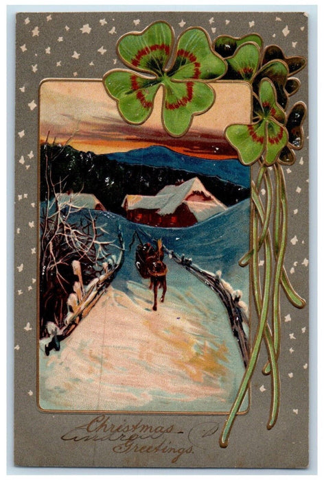c1910's Christmas Greetings Clover Winter Snow Embossed Posted Antique Postcard