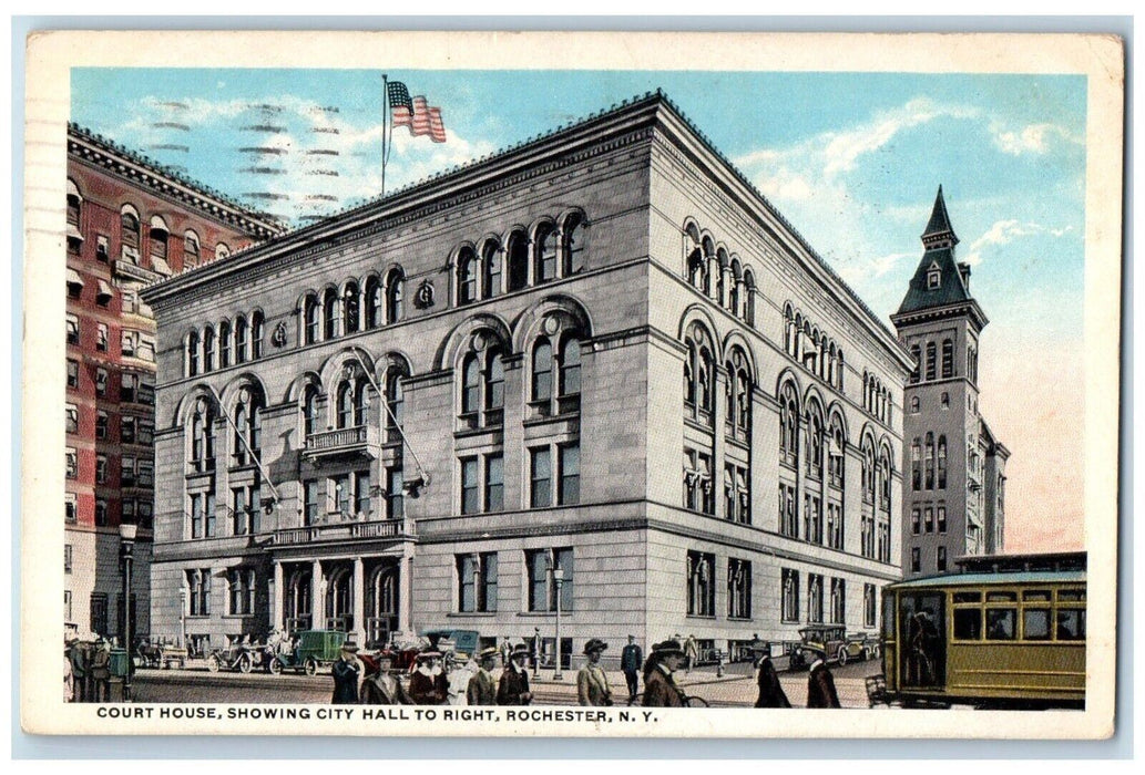 1917 Court House Showing City Hall Right Streetcar Rochester New York Postcard