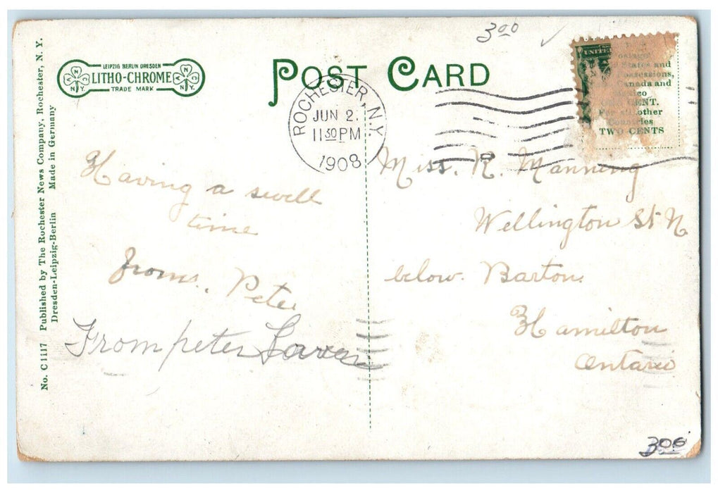 1908 View Main Street East Exterior Streetcar Clock Rochester New York Postcard