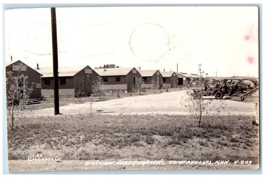 1943 Headquarters Camp Phillips Soldier Mail Cook Salina KS RPPC Photo Postcard