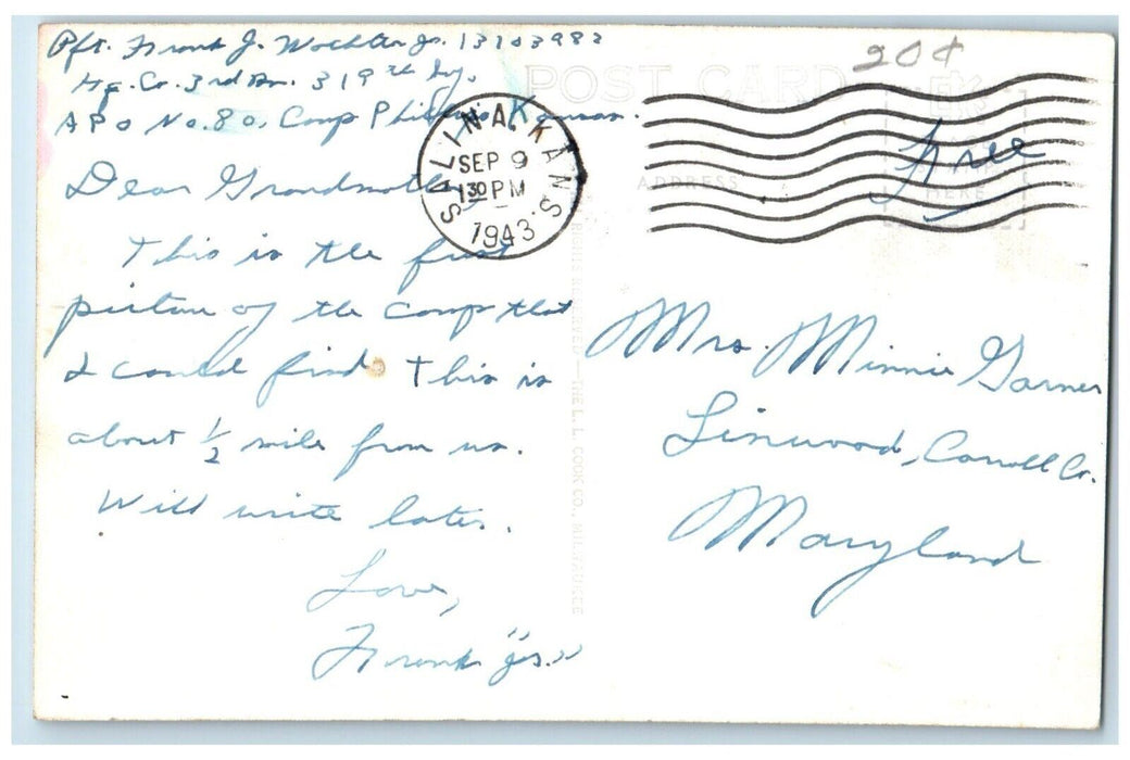 1943 Headquarters Camp Phillips Soldier Mail Cook Salina KS RPPC Photo Postcard