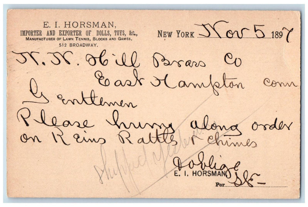 1897 E.I. Horsman Importer and Exporter of Toys Letter New York City NY Postcard