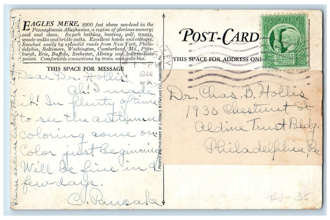 1944 View Of Along The Bridal Path Eagles Mere Pennsylvania PA VintagePostcard