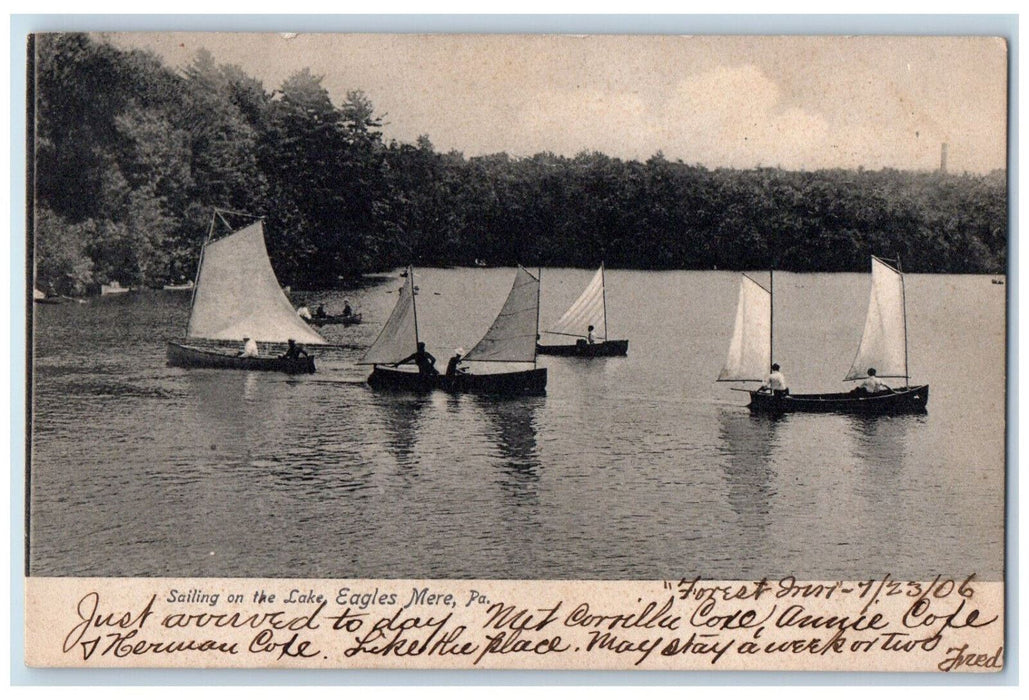 1906 Boat Sailing On The Lake Eagles Mere Pennsylvania PA Vintage Postcard