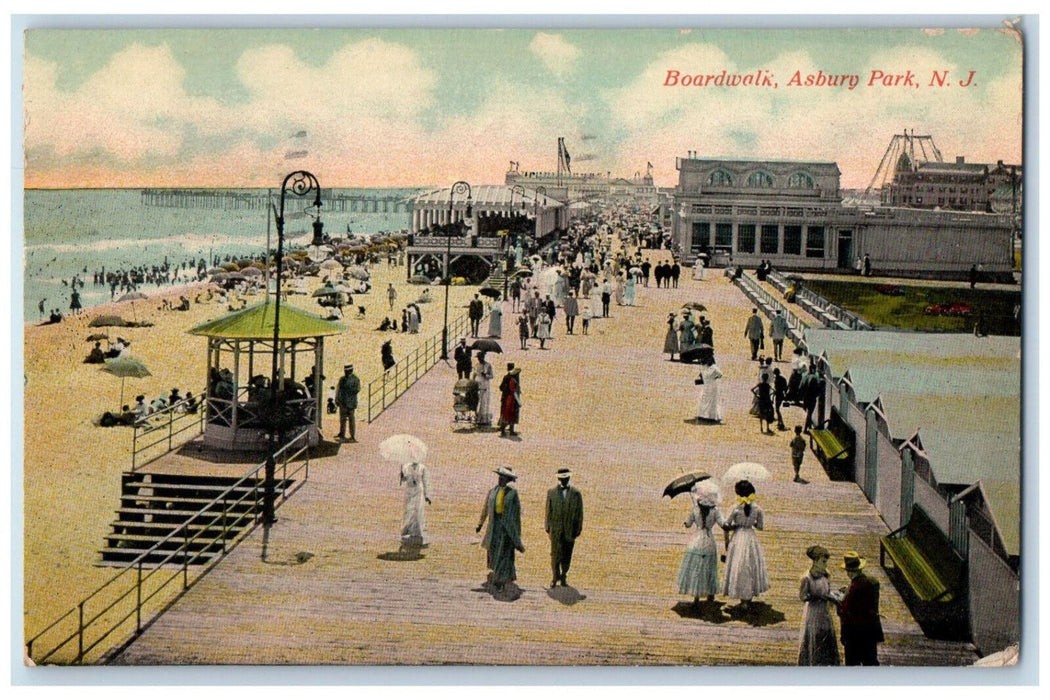 1916 Boardwalk Asbury Park New Jersey NJ, Crowded People Beach Scene  Postcard