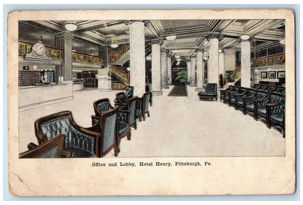 Office & Lobby Interior Hotel Henry Pittsburgh Pennsylvania PA Antique Postcard