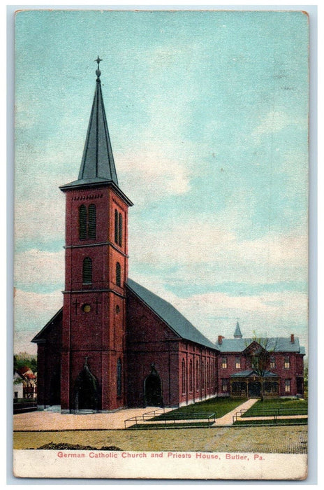 View Of German Catholic Church And Priests House Butler Pennsylvania PA Postcard