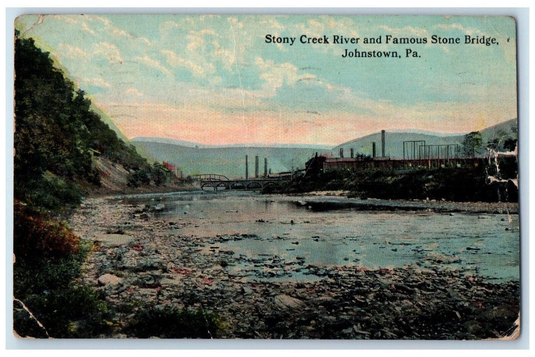 1914 Stony Creek River Famous Stone Bridge Johnston Pennsylvania PA Postcard