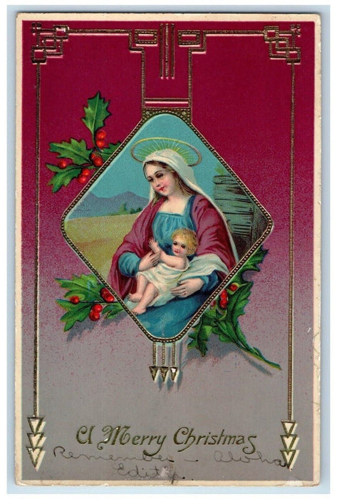 Merry Christmas Mary Baby Jesus Religious Embossed Gel Gold Gilt Postcard