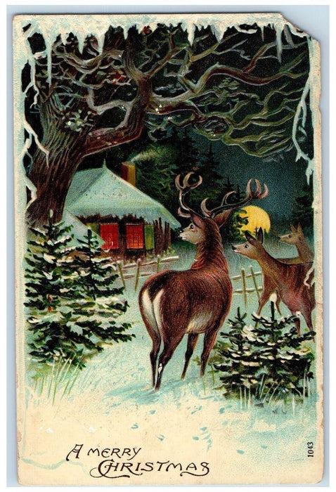 c1910's Christmas Deer Winter Pine Trees House Moon Scene Embossed Postcard