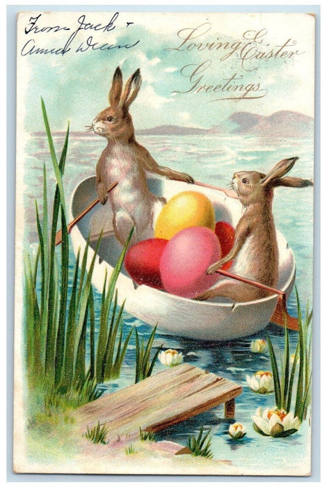 Easter Greetings Anthropomorphic Rabbits Boat Eggs Belton SC Tuck's Postcard