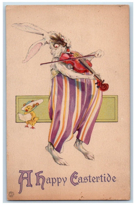 c1910's Easter Greetings Anthropomorphic Rabbit Playing Violin Chick Postcard