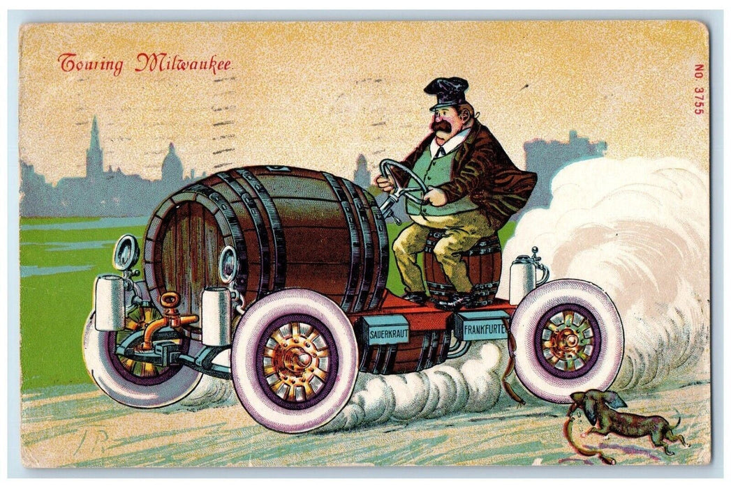 1910 Touring Milwaukee Beer Keg Barrel Dachshund Dog Wisconsin WI Postcard