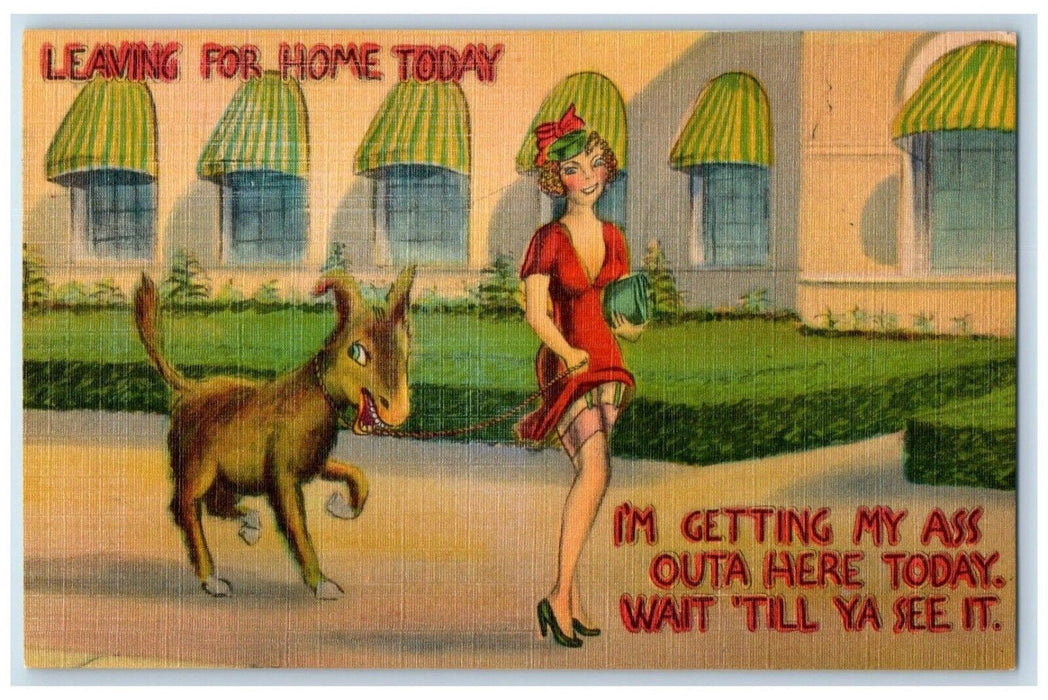 Girl And Donkey I'm Getting My Ass Risque Humor Unposted Vintage Postcard