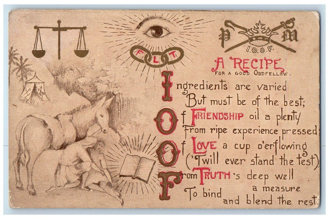 c1910's IOOF Oddfellow Fraternal Donkey Book Puzzle Unposted Antique Postcard