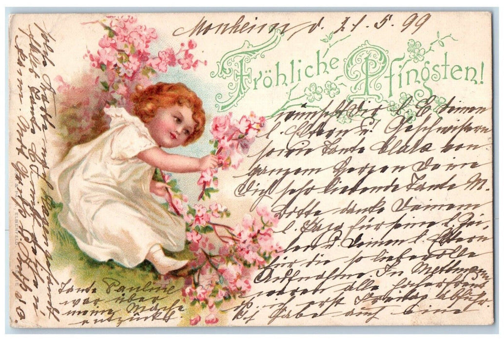 1899 Easter Pentecost Little Girl Picking Flowers Posted Antique Postcard