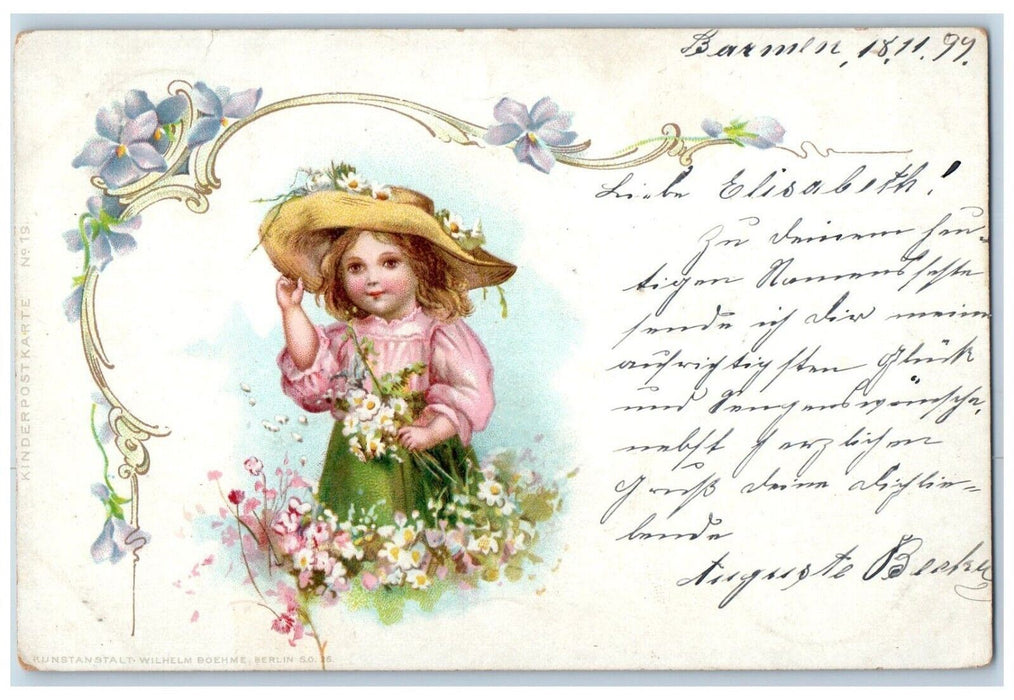 1899 Best Wishes Cute Little Girl Big Hat Picking Flowers Antique Postcard