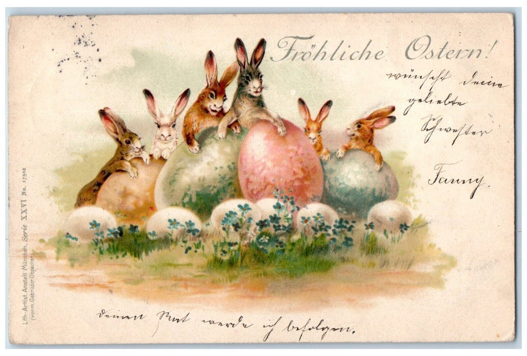 1899 Happy Easter Eggs Bunny Rabbit Pansies Flowers Posted Antique Postcard