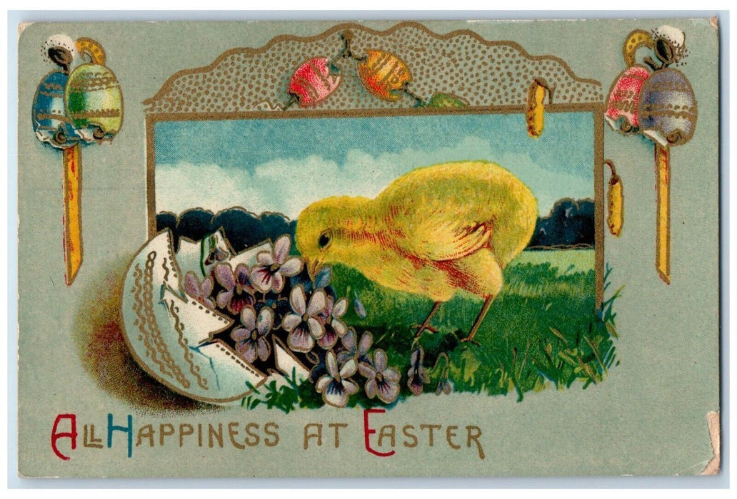 c1910's Easter Chick Hatched Eggs Pansies Flowers Gel Posted Antique Postcard