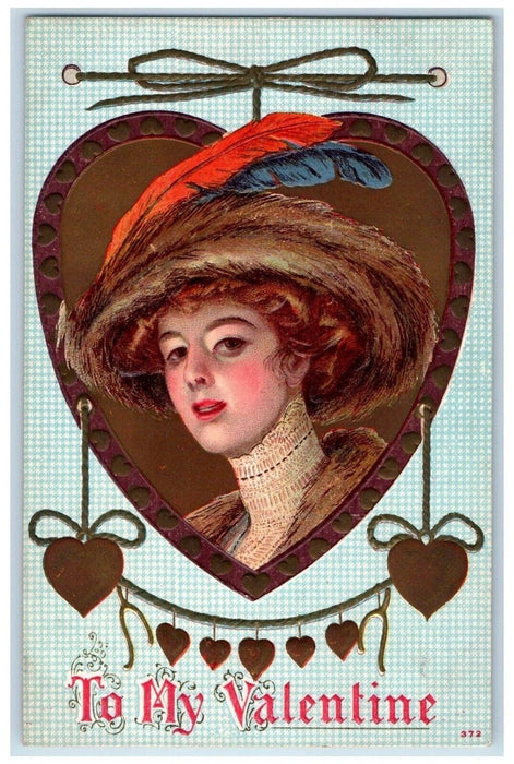 1910 Valentine Pretty Woman Feather Hat Hearts Embossed Posted Antique Postcard
