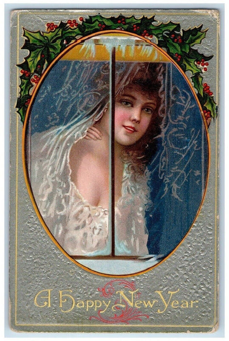 1910 New Year Pretty Girl Holly Berries Embossed Derby Connecticut CT Postcard