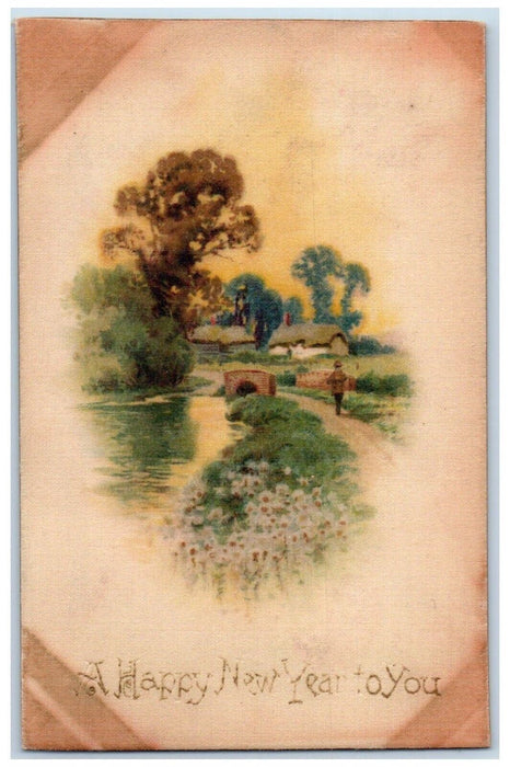 c1910's Happy New Year Man River Bridge House Winsch Back Silk Antique Postcard