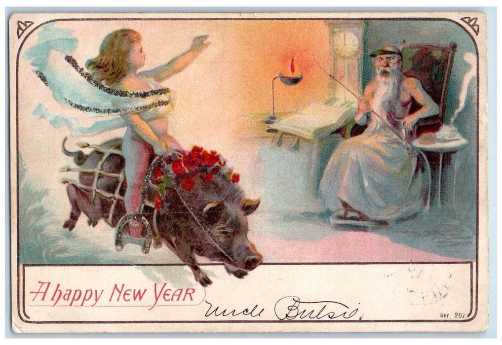 1906 New Year Angel Riding Pig Horseshoe Father Time Fall River MA Postcard