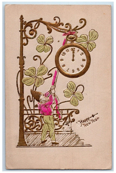 1907 New Year Elf Gnome Hanging Clock Clover Embossed Chesterfield NH Postcard