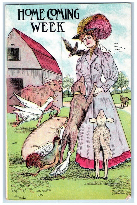 c1910's Home Coming Week Woman And Animals Embossed New York NY Antique Postcard