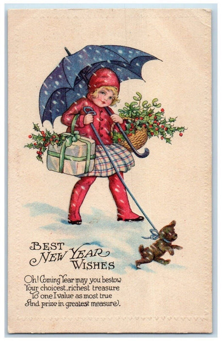c1910's New Year Wishes Girl And Dog Berries Gift Umbrella Snowfall Postcard