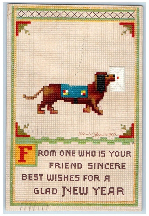 1913 New Year Dog Needle Art Cross Stitch Rockville Dachshund CT Postcard