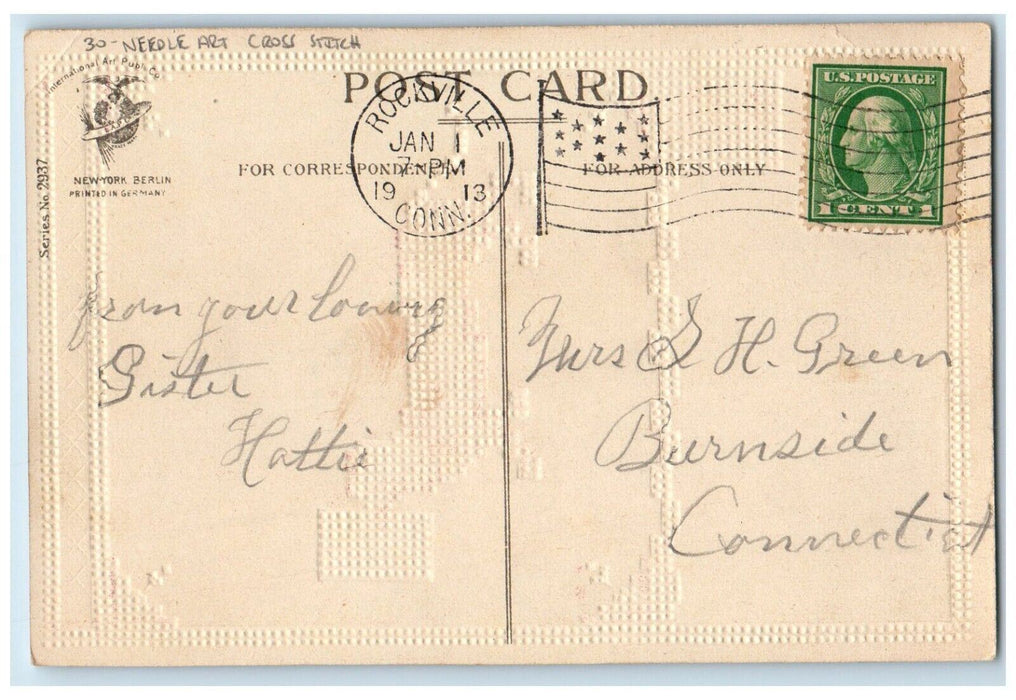1913 New Year Dog Needle Art Cross Stitch Rockville Dachshund CT Postcard