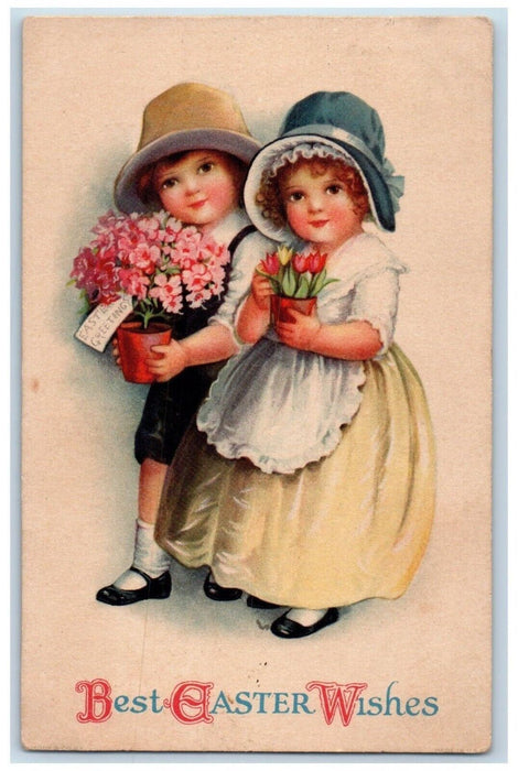 1924 Easter Wishes Children With Flowers Wolf Clapsaddle Hartford CT Postcard