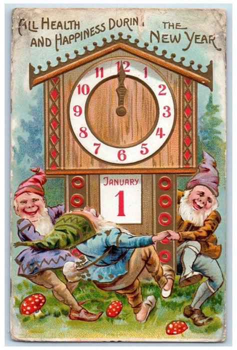 1909 New Year Elves Gnomes Jan. 1 Clock Mushroom Madalin NY Antique Postcard