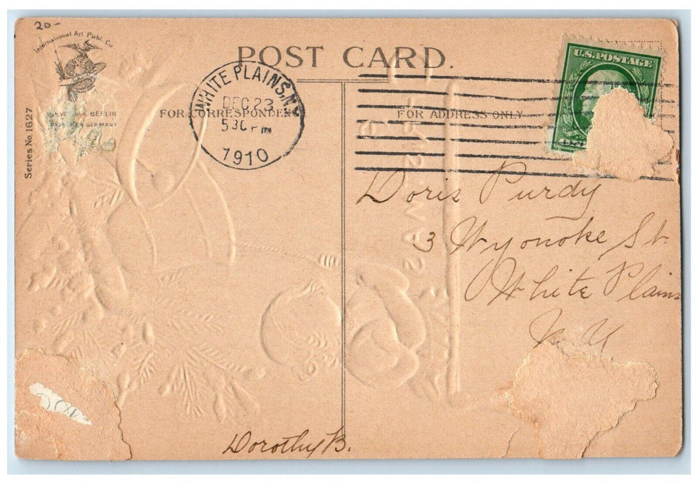 1909 Christmas Girl Ringing Bells Snowfalls Winter Bridge Clapsaddle Postcard