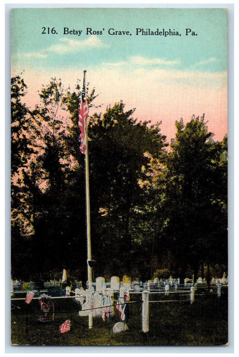 View Of Betsy Ross' Grave Philadelphia Pennsylvania PA, American Flag Postcard