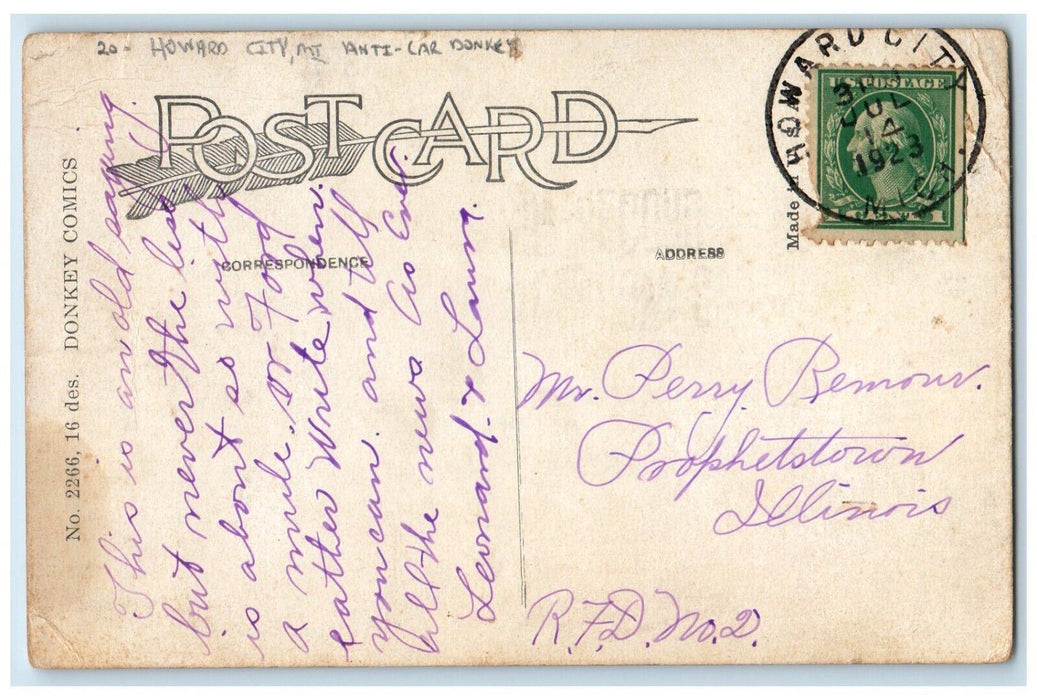 1923 Anti Car Donkey One Trouble After Another Howard City Michigan MI Postcard