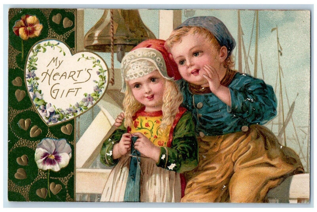 c1910's Valentine Hearts Gift Children Flowers Heat Winsch Back Antique Postcard
