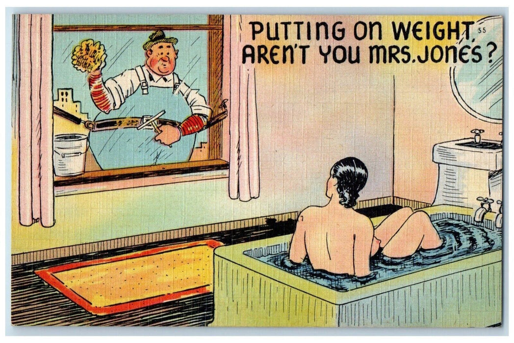 c1910's Fat Man Window Washer Peeping Girl In Bathtub Risque Antique Postcard
