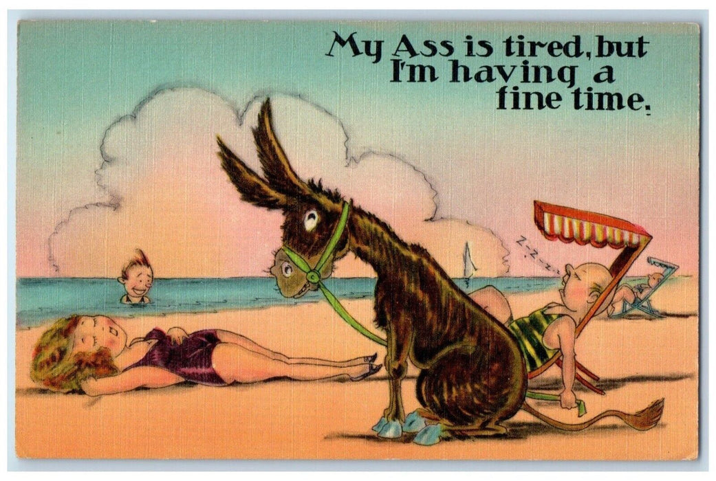 Donkey Beach My Ass Is tired But I'm Having A Fine Time Risque Humor Postcard