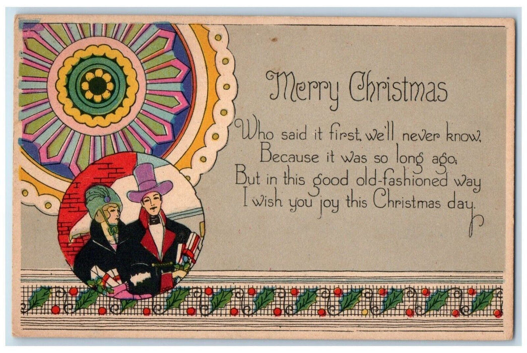 1931 Christmas Couple Old Fashioned Holly Berries Art Deco Vintage Postcard
