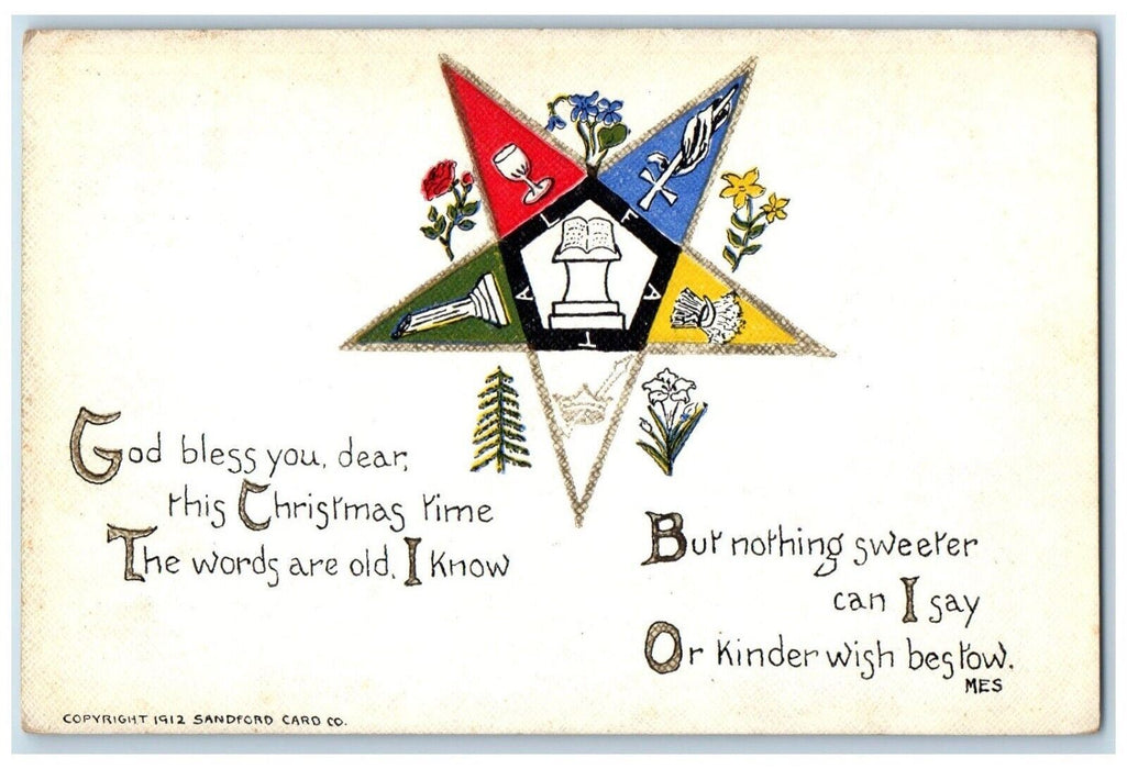 c1910's Christmas Free Mason 5Star Masonic Fraternal Sanford Antique Postcard